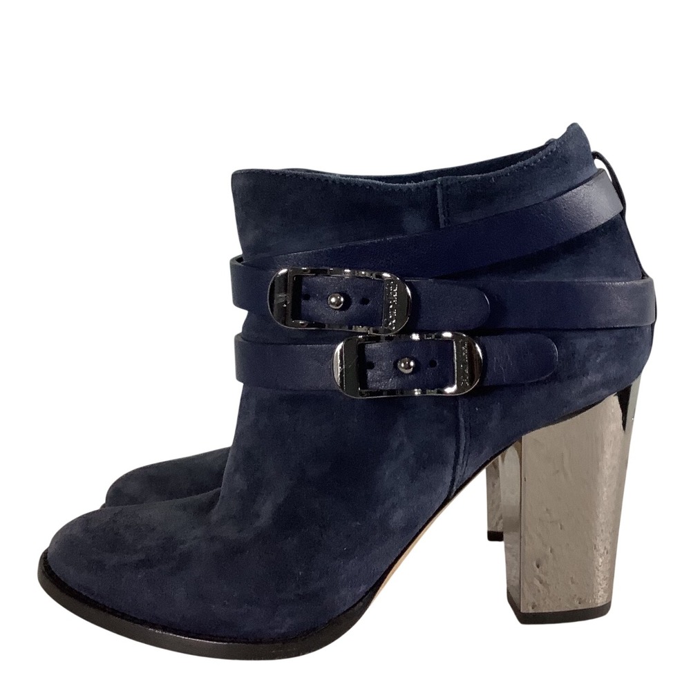 Jimmy Choo Navy Suede Buckle Ankle Boots Metallic Block Heel Size 37 EU